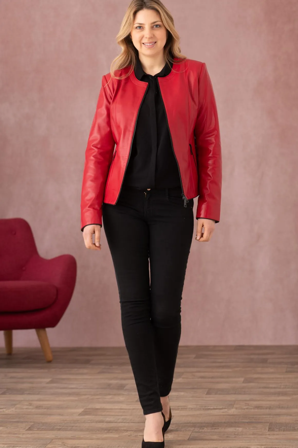Blouson Femme Cityzen Noolita Agneau Perle Rouge/Noir