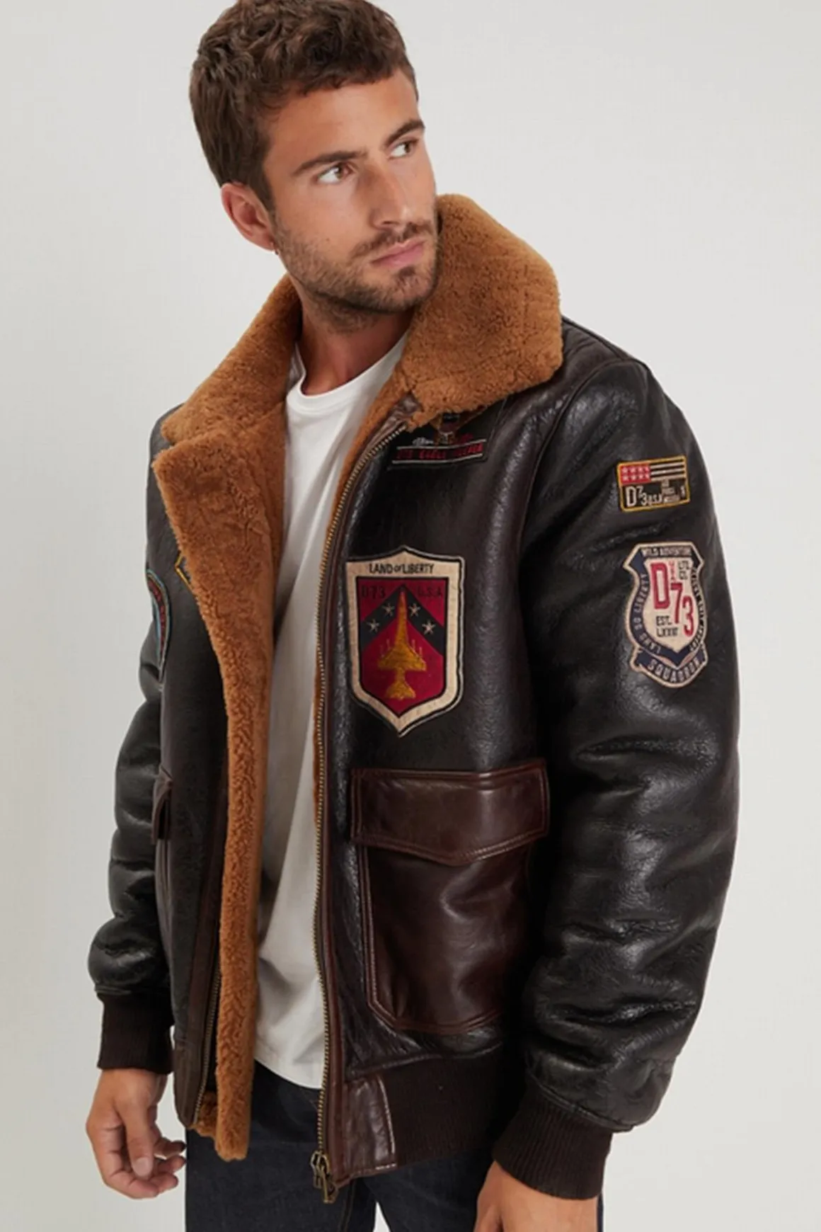 Blouson Homme Daytona Jake Dfh Wash Badges Tobacco Cognac