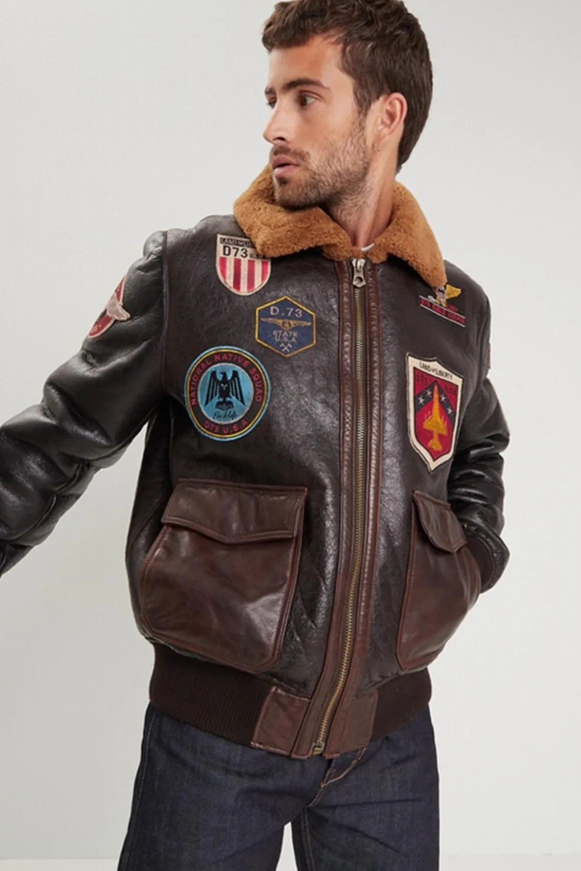Blouson Homme Daytona Jake Dfh Wash Badges Tobacco Cognac