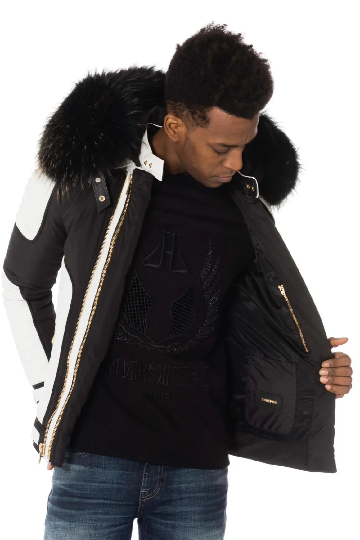 Blouson Homme Horspist Martinez Noir Blanc Zip Gold Col Or