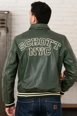 Blouson Homme Schott Lc5100 Stripe Green / Off White