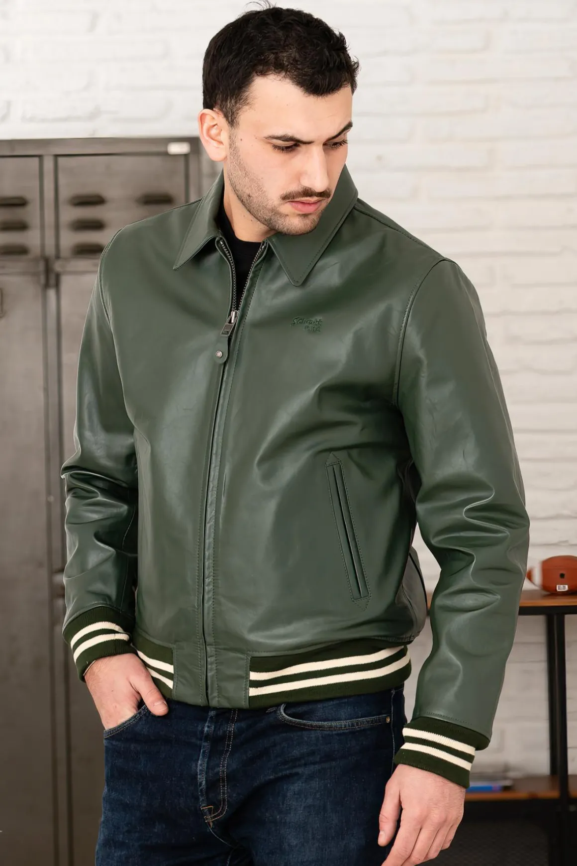 Blouson Homme Schott Lc5100 Stripe Green / Off White