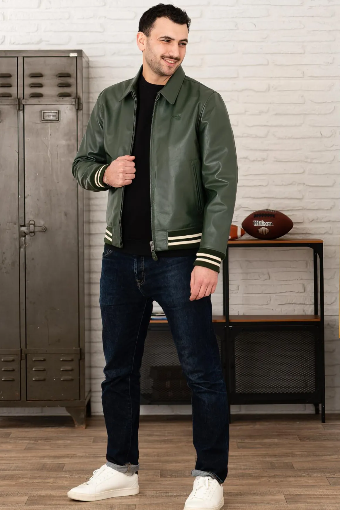 Blouson Homme Schott Lc5100 Stripe Green / Off White