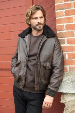 Blouson Homme The Jack Leathers Ottawa Dark Brown +Collar Rub Off 708 Corteccia