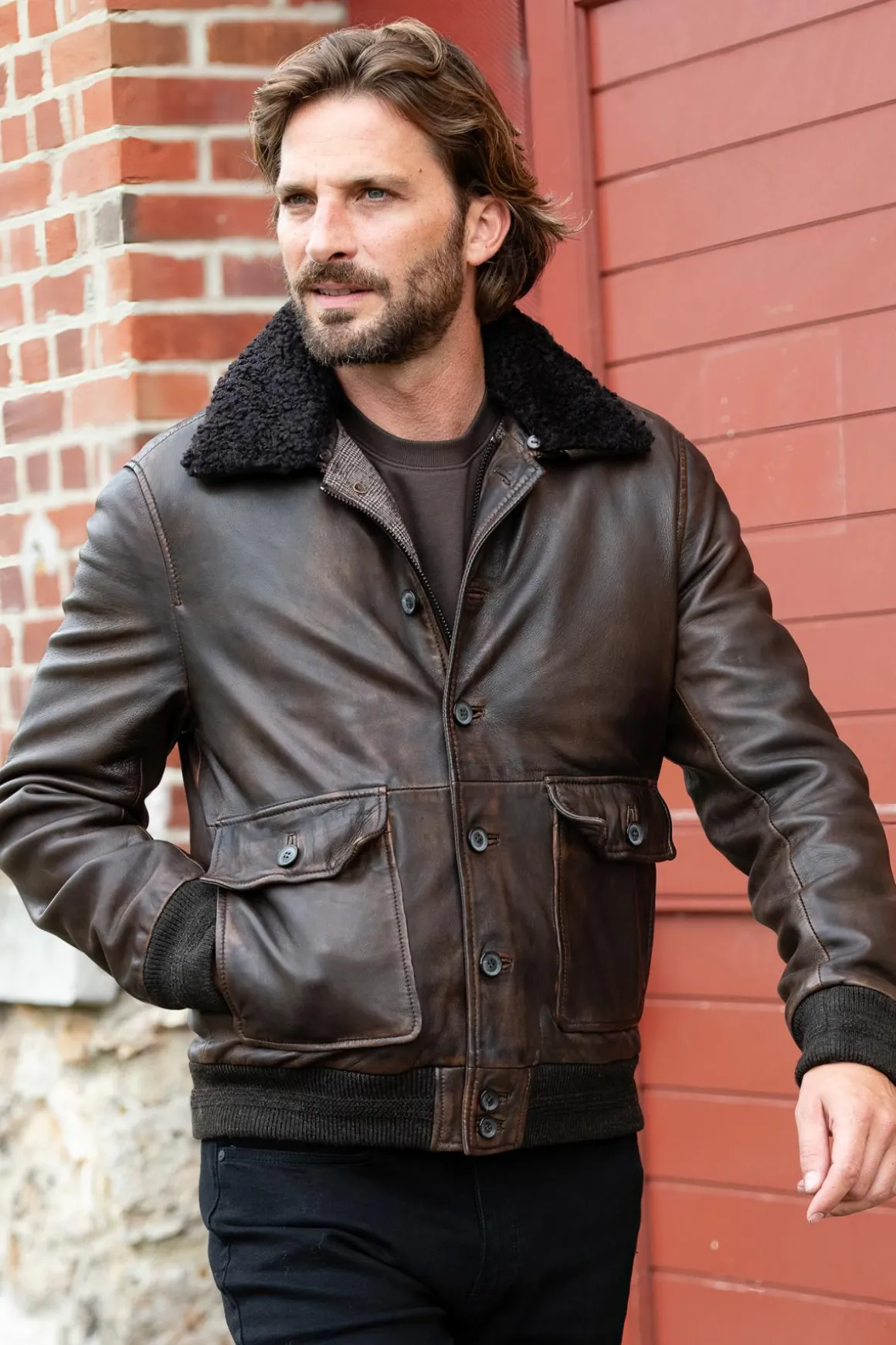 Blouson Homme The Jack Leathers Ottawa Dark Brown +Collar Rub Off 708 Corteccia