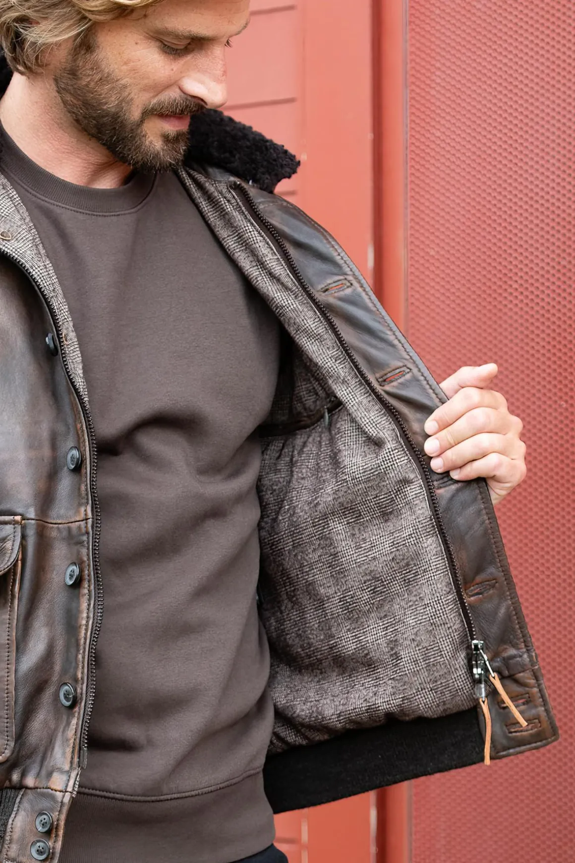 Blouson Homme The Jack Leathers Ottawa Dark Brown +Collar Rub Off 708 Corteccia