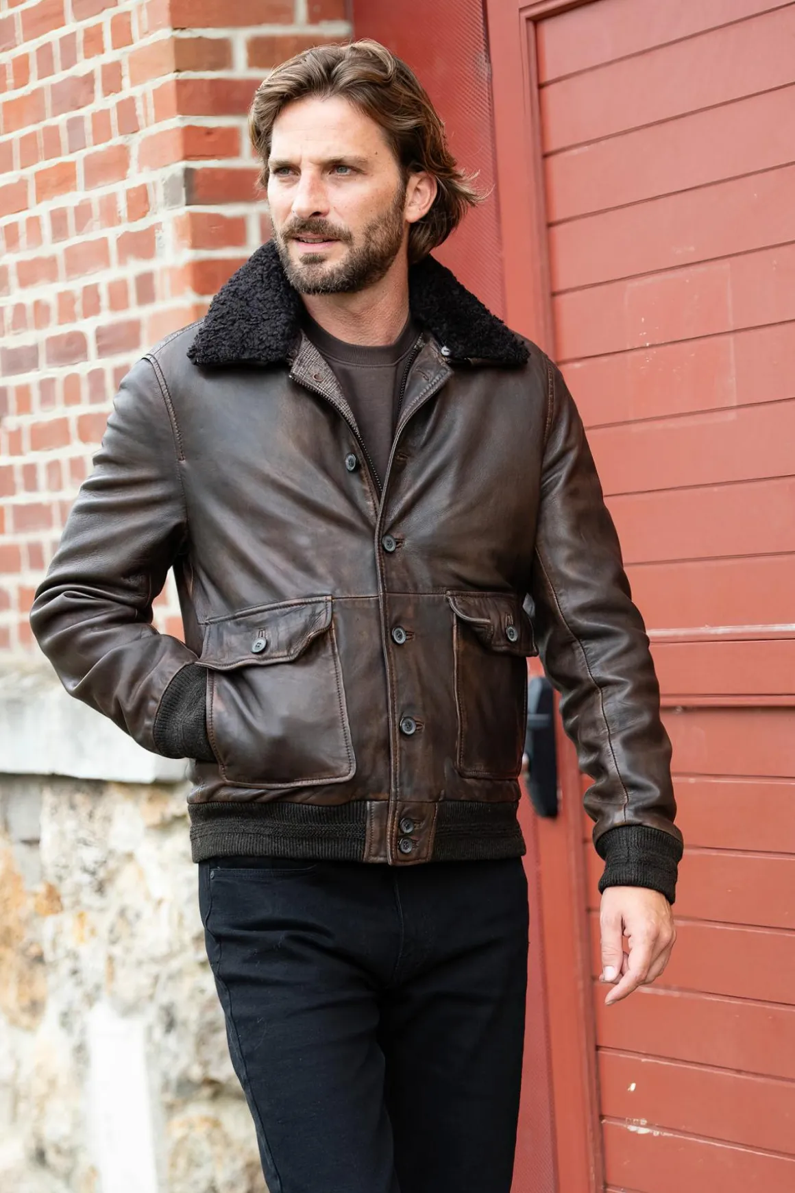 Blouson Homme The Jack Leathers Ottawa Dark Brown +Collar Rub Off 708 Corteccia