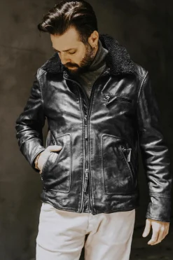 Blouson Homme The Jack Leathers Aviator Black +Collar Rub Off 046 Iron
